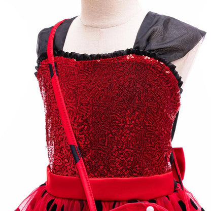 Girl Polka Dot Princess Dress Ladybug Dress Up Fur Ball Headband Black and Red Dress Halloween Cosplay costume Carnival Clothes