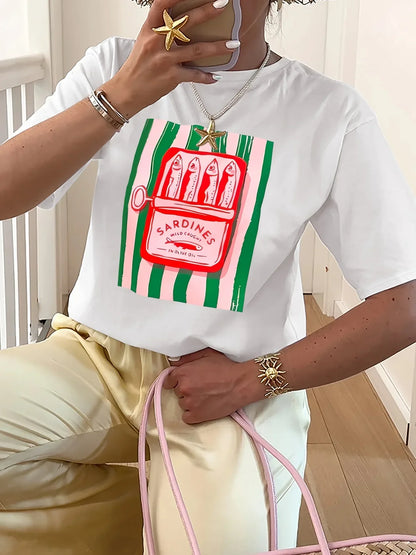 American Y2k Sardine Pattern Printing Women's Casual T-shirt Summer Y2k Multifunctional Street Clothing Short-sleeved Top