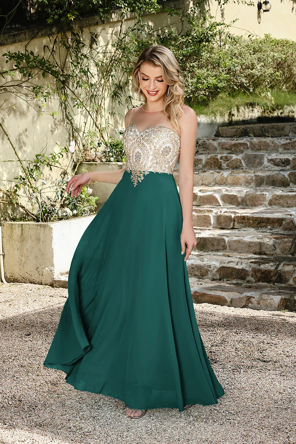 Elegant Sweetheart Prom Dress with Gold Embroidered Bodice & Flowing Chiffon Skirt for Homecoming & Formal Events