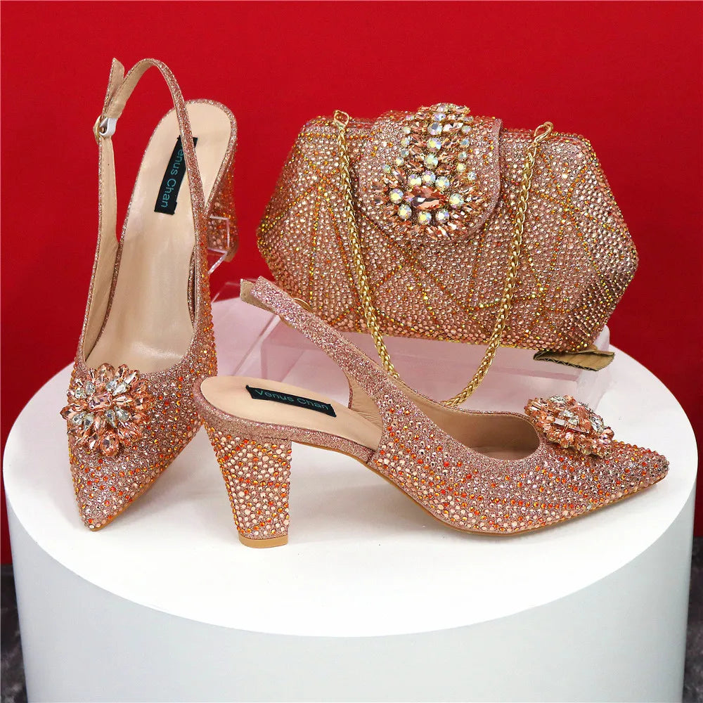 Sandals Fashion Italian Shoe and Bag Set for Party In Women Nigerian Women Wedding Shoes and Bag Set Decorated with Rhinestone