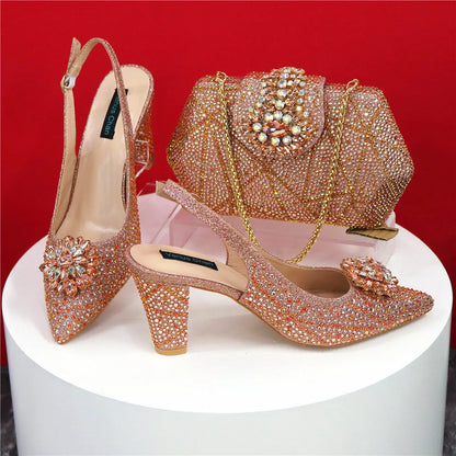 Sandals Fashion Italian Shoe and Bag Set for Party In Women Nigerian Women Wedding Shoes and Bag Set Decorated with Rhinestone