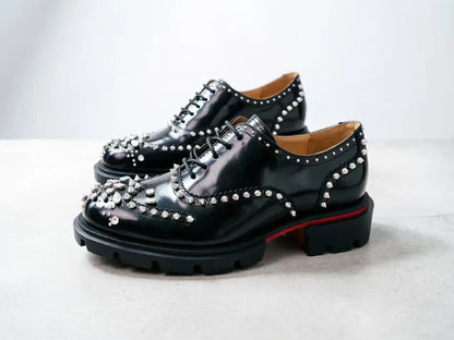 Men's Patent Leather Platform Oxfords Shiny Crystal Rivet Brogue Dress Shoes Luxury Lace-up Formal Business Wedding Party Male F
