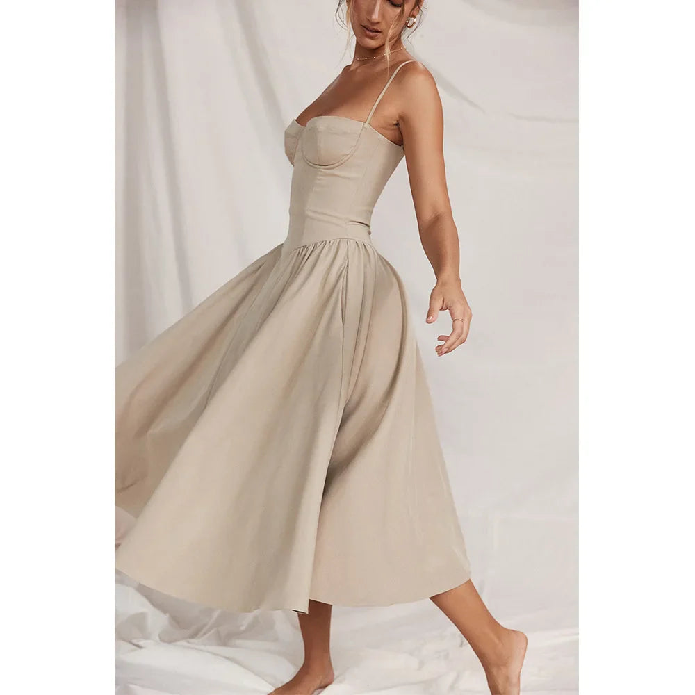 Women Elegant Sleeveless Backless Pleated Dresses Lady Sexy Solid Sling Midi Dress 2024 Female Party Evening A-line Robes