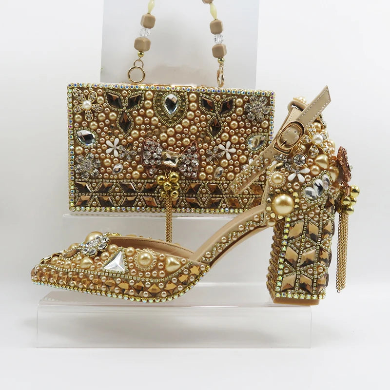 Luxury Champagne Golden Crystal wedding shoes matching bags woman fashion Thick heel Women party dress shoes Pointed Toe shoes