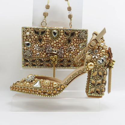 Luxury Champagne Golden Crystal wedding shoes matching bags woman fashion Thick heel Women party dress shoes Pointed Toe shoes