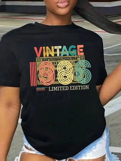 Retro 1976 Letter Print T-shirt with Letter Print Casual Women's Short Sleeved Fashionable Street Round Neck Top