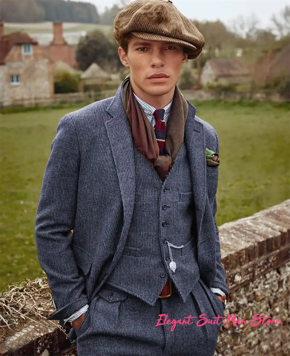 European Retro Wool Blend Men’s 3PC Suit Set Business (Jacket+Pants+Vest)Wedding Part Prom Dinner Wrok Travel Dinner Banquet