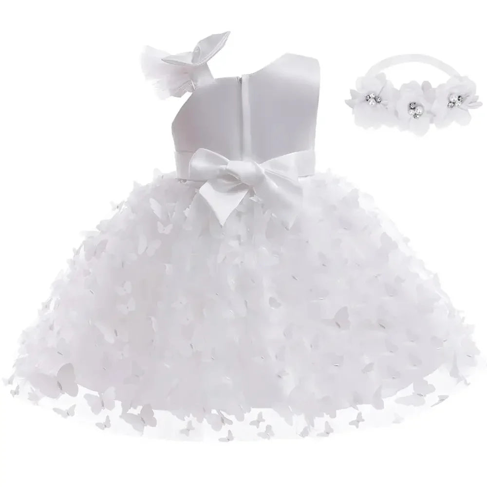 Vestido Borboleta Branco e Rosa de Verão para Meninas Vestido de Noiva de Tule Roupa de Batizado Roupa de Bebê Menina 1º Aniversário