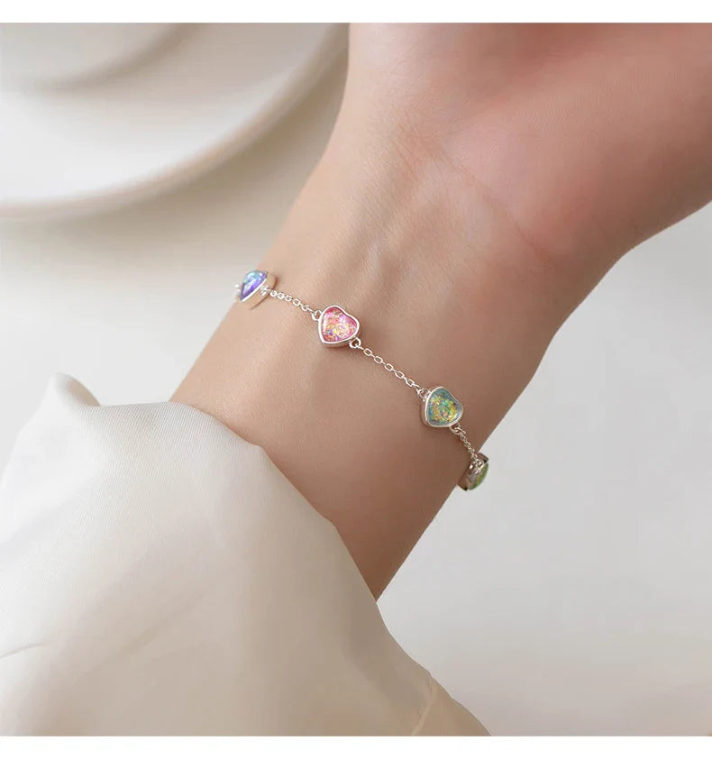 925 Sterling Silver Heart To Heart Colorful Shining CZ Bracelet Adjustable Chain Link For Women Valentine's Day Gifts