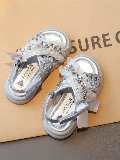 Kids Casual Shoes Fashion Sandals PU Leather Crystal Sequin Summer Shoes For Girls Breathable Silver Shoes Size 26-37