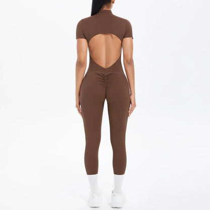 Short Sleeved Fitness Jumpsuit for Woman Bodysuits Backless Solid Color Scrunch One-Piece Suit Half Zipper Gym Yoga Sets Womens