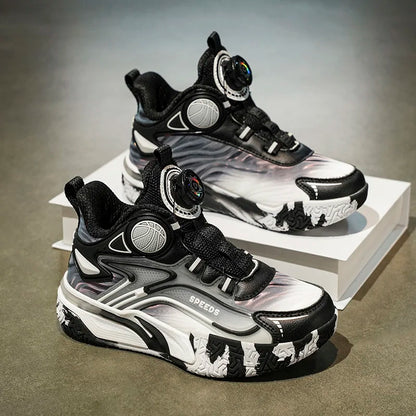 Children's basketball shoes boys' waterproof leather surface rotating buckle anti-slip and shock-absorbing student sports shoes