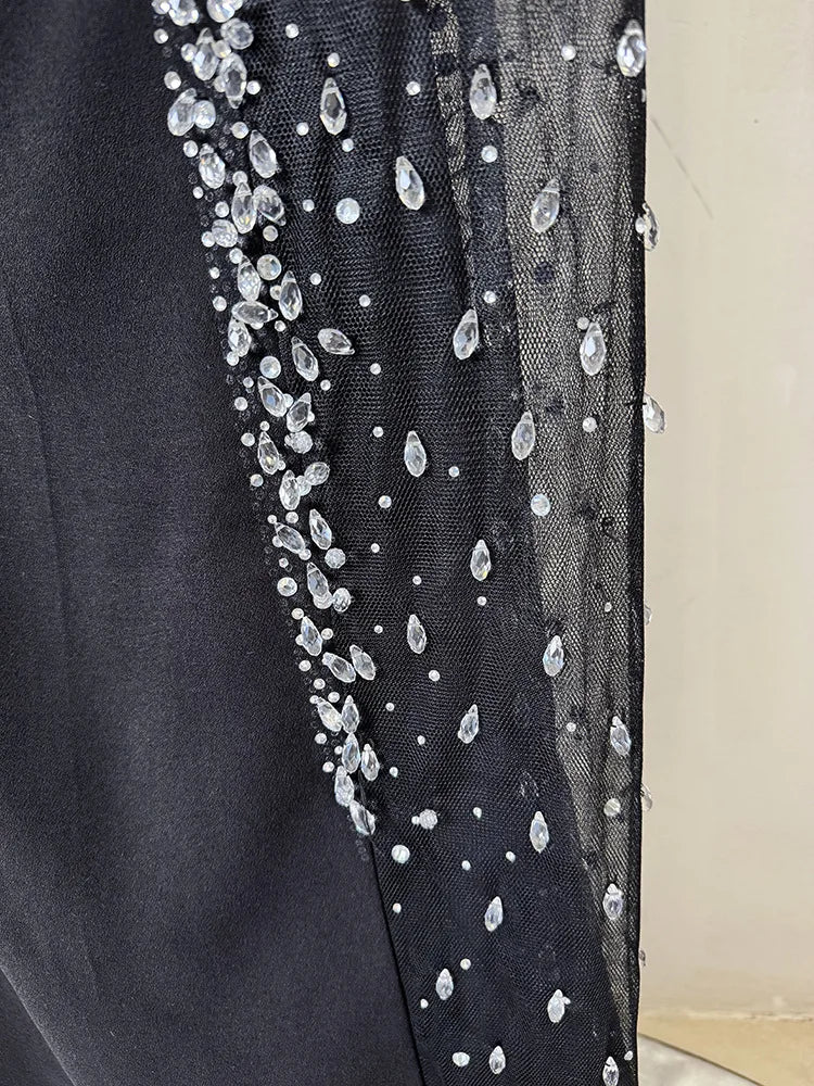 Designer Vestido Women's Diamonds Beaded Slash Neck Off The Shoulders Patchwork Gauze Long Maxi Dress