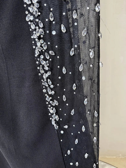 Designer Vestido Women's Diamonds Beaded Slash Neck Off The Shoulders Patchwork Gauze Long Maxi Dress