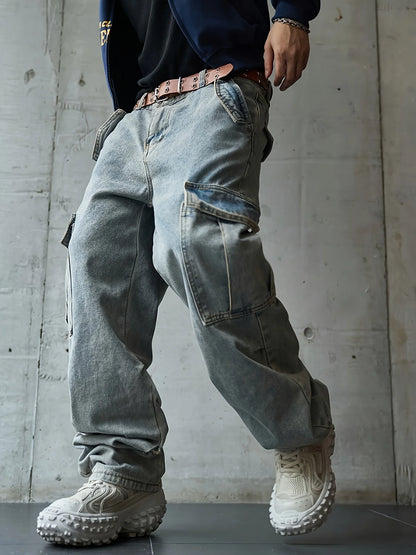 Men's multi pocket denim work pants straight leg denim pants
