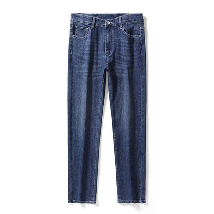 Men's Soft Stretch Straight Jeans Business Casual Slim Fit Wash Denim Pants Korean Fashion Blue Gray Male Brand Trousers