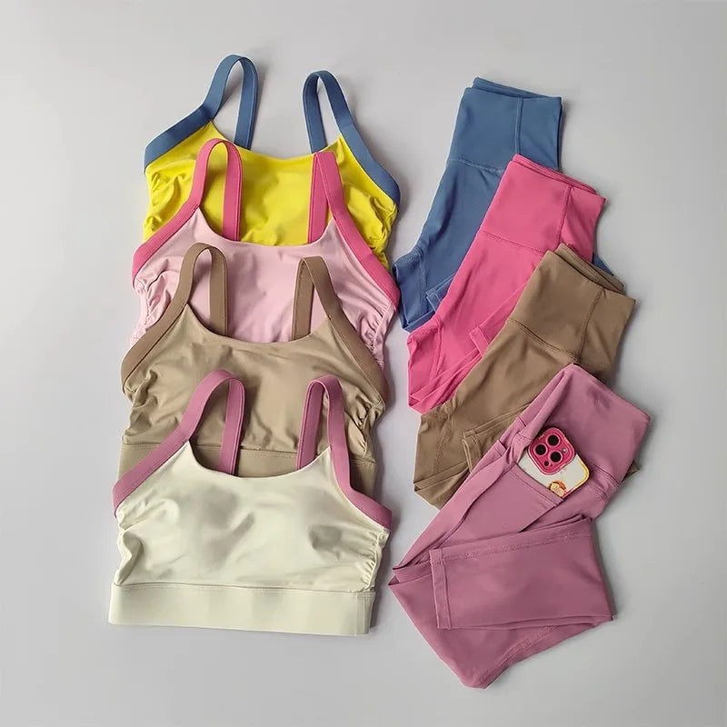 Women's Color-Block Quick-Drying Yoga Fitness Suit Cross-Back Sports Bra High-Waist Hip-Lifting Pants Gym Workout Ensemble