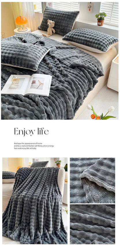 1 Pc Luxury Faux Rabbit Fur Throw Blanket Soft Warm White Striped Fluffy Blankets for Sofa Office Naps Single Double Plush Plaid