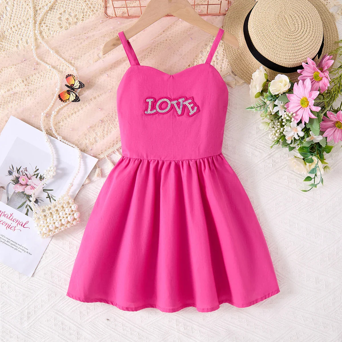 Vestido Estampado Coração de Menina de Verão, Saia Evasê Sem Mangas para Festa de Aniversário, Alcinha Ombro a Ombro, Roupa Diária ao Ar Livre 2-10T