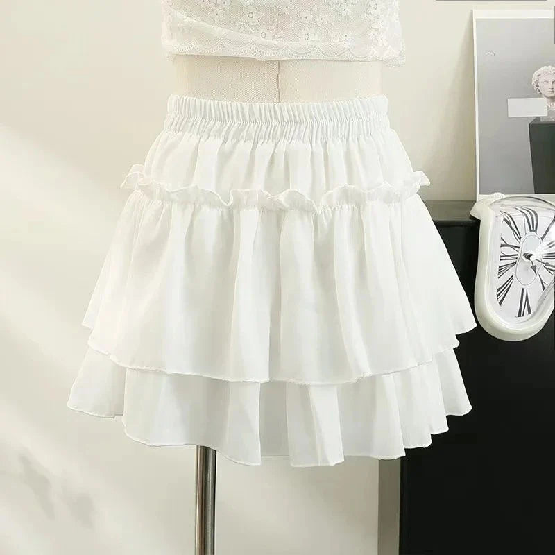 Pleated A-Line Skirt Women White Ruffle Sweet Tierred Pretty Style Skirt Elastic Waist Summer Slim Basic Korean Harajuku Dress