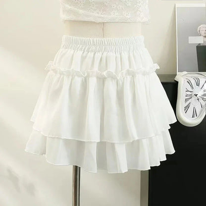 Pleated A-Line Skirt Women White Ruffle Sweet Tierred Pretty Style Skirt Elastic Waist Summer Slim Basic Korean Harajuku Dress