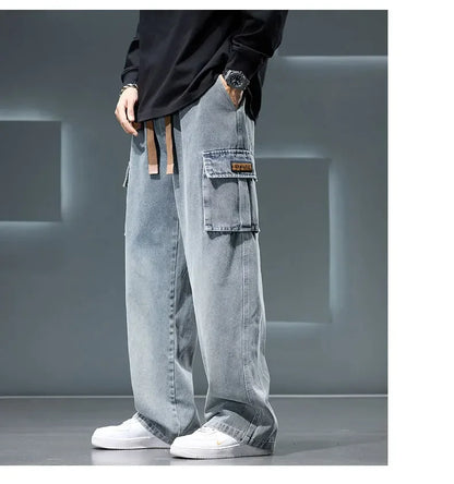 Autumn New Wide Leg Washing Jean Pants Men Trousers Neutral Solid Color Loose Casual Fashion Pocket Cargo Pants Big Size 8xl