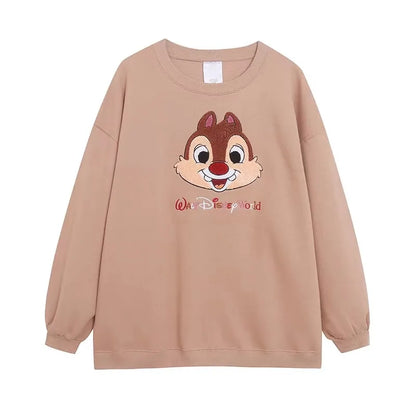Mouse Chip An' Dale Cartoon Print Embroidery Fleece Sweatshirt New Women O-Neck Pullover Jumper Tops