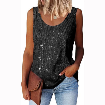 Ladies' Sequin Loose U-Neck Sleeveless Glitter Tops Fashion Solid Color Tank Tops For Daily Wear Performance Costume