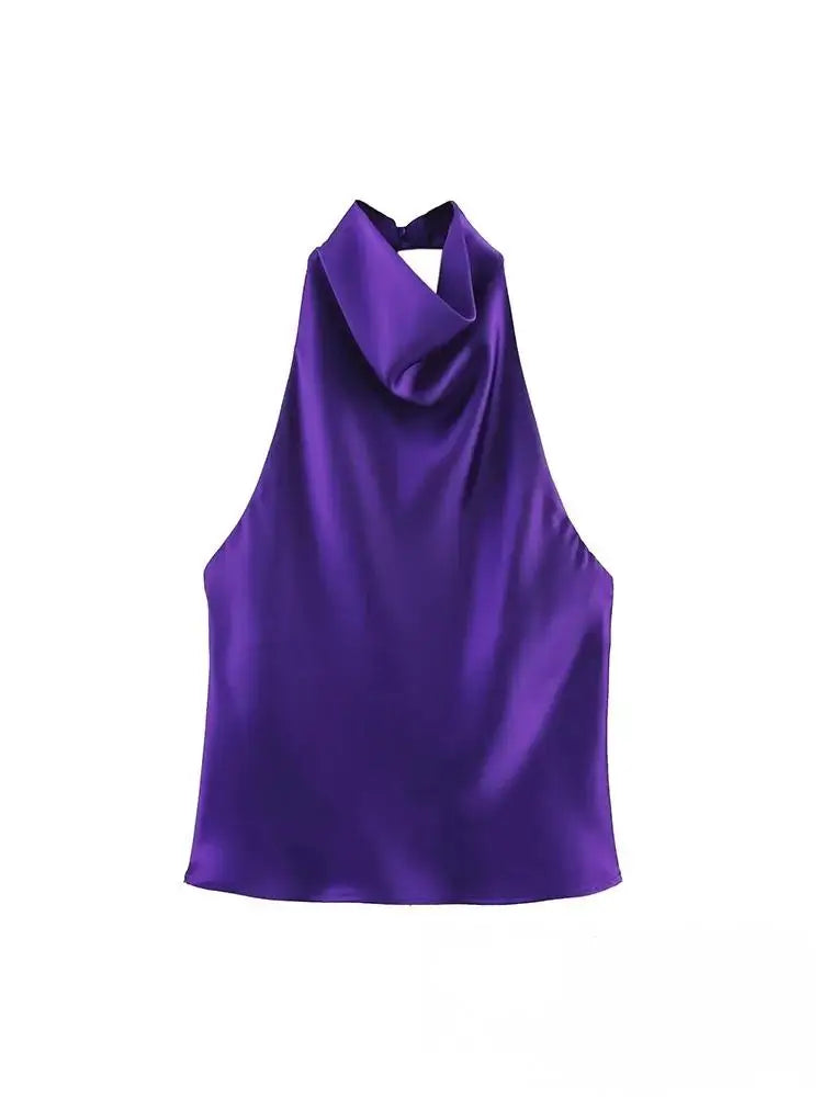 Sexy Chic Butter Yellow Satin Tops Women Halter Backless Beach Holiday Party Top Fashion 2025 New Year Evening Satin Top