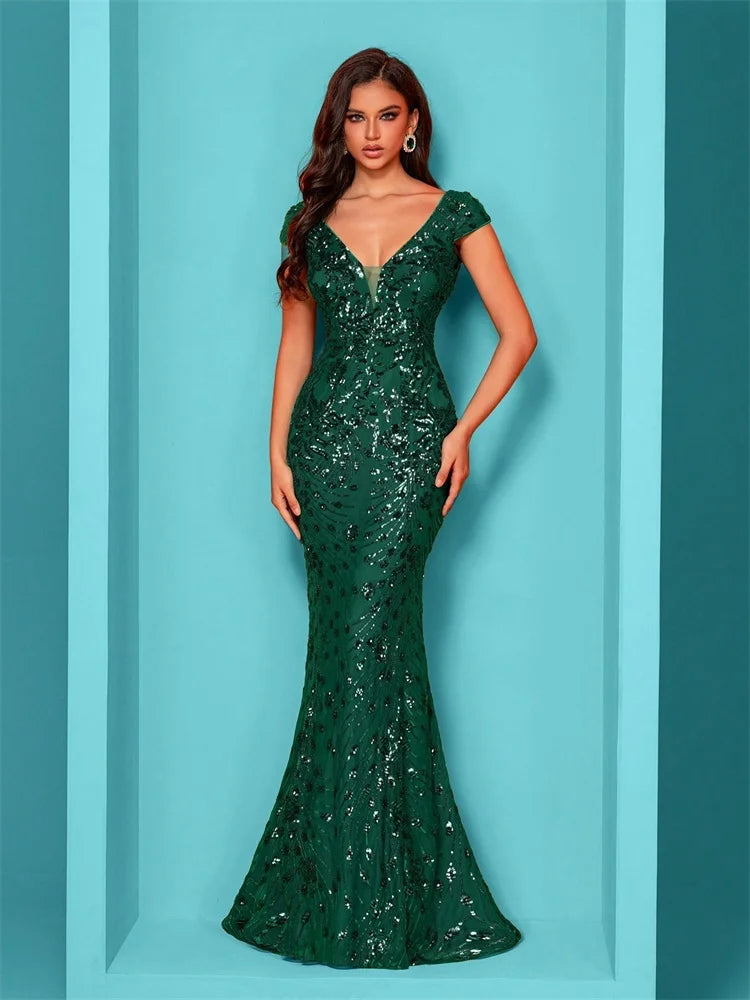 Elegant Champagne Evening Dress For Women Long 2024 Luxury Mermaid Formal Sequins Prom Wedding Party Cocktail Dresses