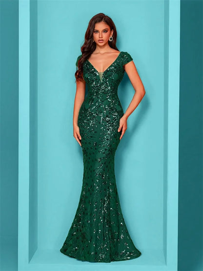Elegant Champagne Evening Dress For Women Long 2024 Luxury Mermaid Formal Sequins Prom Wedding Party Cocktail Dresses