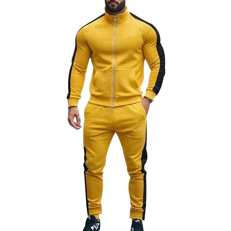 2025 Spring Autumn Men's 2-Piece Set Color Blocking Zipper Stand Collar Casual Sports Jacket Sweatshirt Trousers Suit