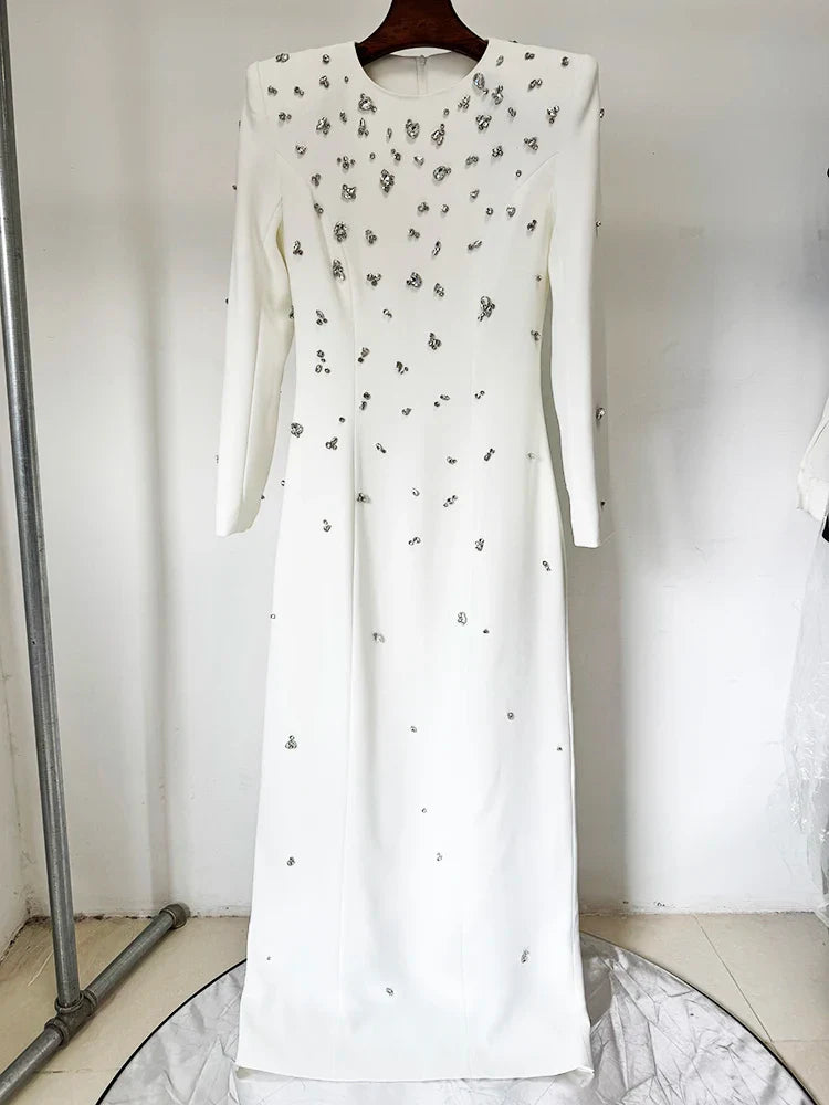 Designer Fashion Women's Rhinestone Diamonds Beaded Long Maxi Dress