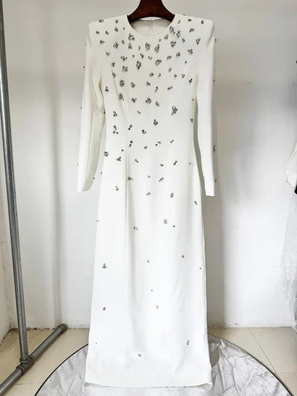 Designer Fashion Women's Rhinestone Diamonds Beaded Long Maxi Dress