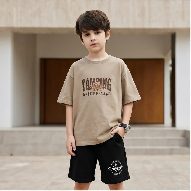 Boys 2PCS Cotton Outfit Set Mountain Print Short Sleeve Tee + Elastic Waist Shorts Camping Summer Set LH21