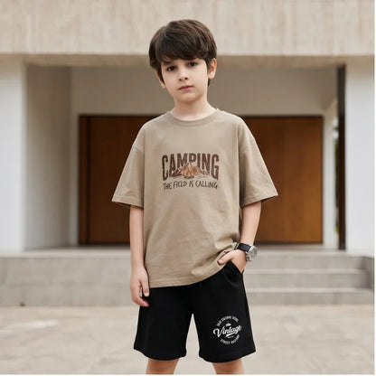 Boys 2PCS Cotton Outfit Set Mountain Print Short Sleeve Tee + Elastic Waist Shorts Camping Summer Set LH21