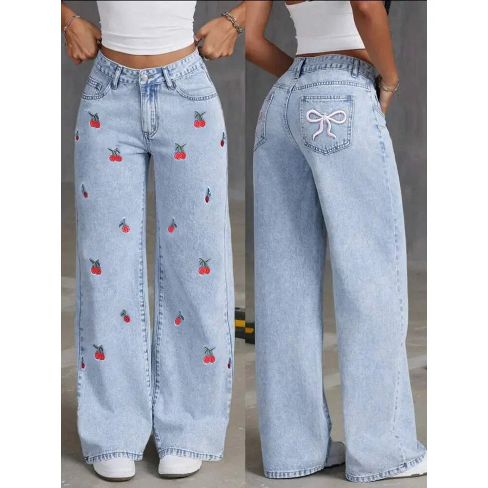 Denim Wide Leg Pants Women Jeans Embroidery High Waist Distressed Washed Pockets Vintage Floor Length Trousers 2025 Streetwear