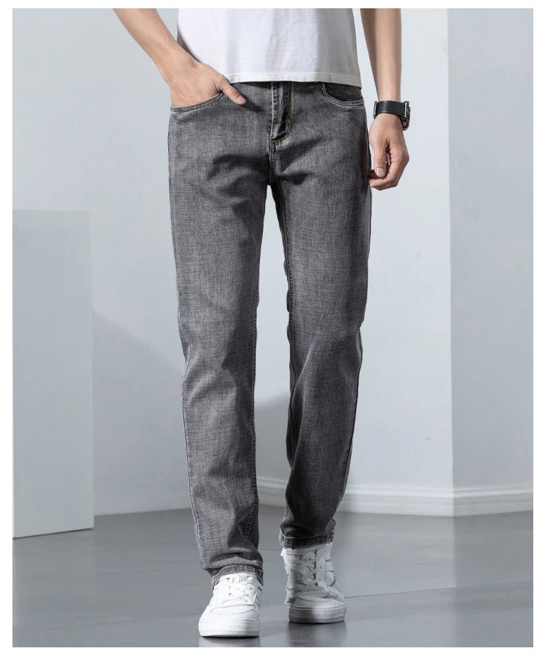 2022 Autumn Spring Fitted Straight Stretch Denim  Classic Style Badge Youth Men's Business Casual Jeans Trousers