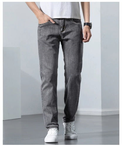 2022 Autumn Spring Fitted Straight Stretch Denim  Classic Style Badge Youth Men's Business Casual Jeans Trousers