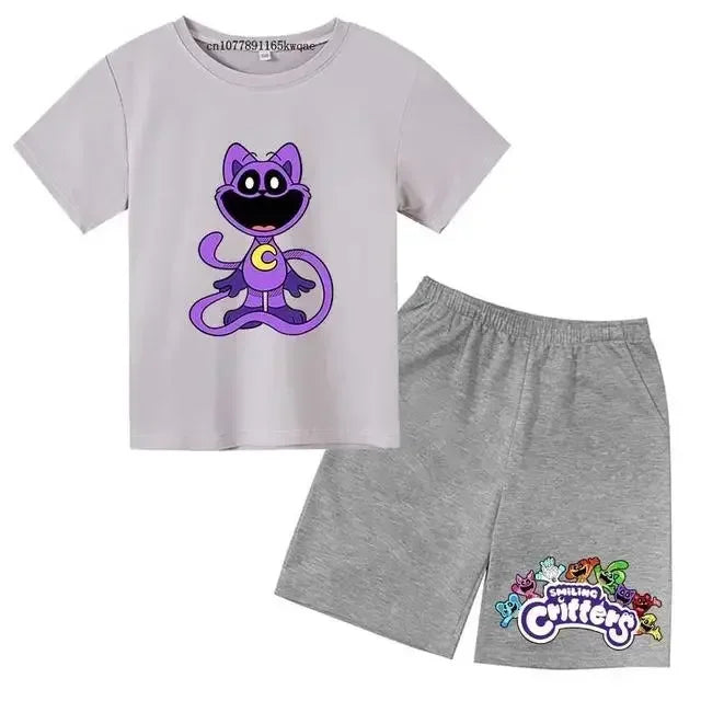 Smiling Critters Cartoon Print Kids Summer Cute 2pcs Soft T-shirts+Pants Suits 2-13Years Boys Girls Casual Sets Children Clothes