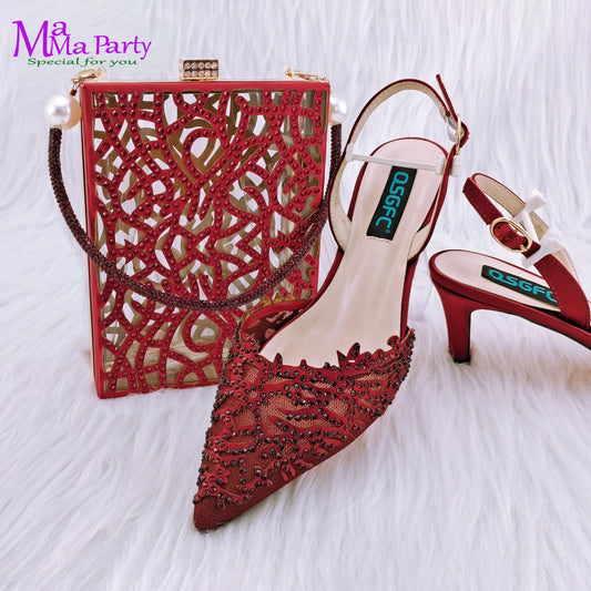 Mature Style INS Hot Sale Italian Design Shoes and Bag to Match in Wine Color High Quality  Hollowing out Design for Dress