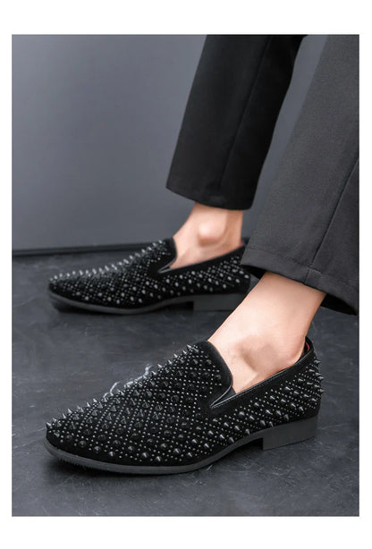 Hairdresser personality trend rivet hot diamond Loafers men's British vintage rhinestone shoe hipster leather shoes