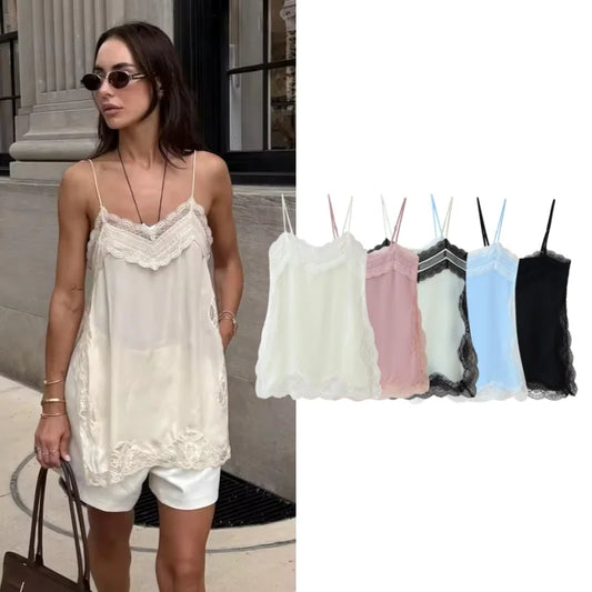 2025 New Women Cami Top Heart Neck Lace Trim Sleeveless Casual Sexy Summer Party Fashion Multi Color