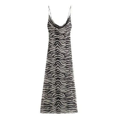 Leopard Print Tulle Slip Dress Woman Backless Summer Long Dresses For Women Vintage Sexy Party Dresses Midi Holiday Dress
