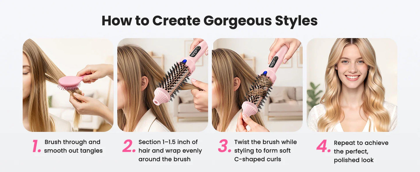 Ionic Thermal Brush Dual Voltage 6 Temperature Settings & LED Digital Display For Curling And Straightening Hot Air Styler
