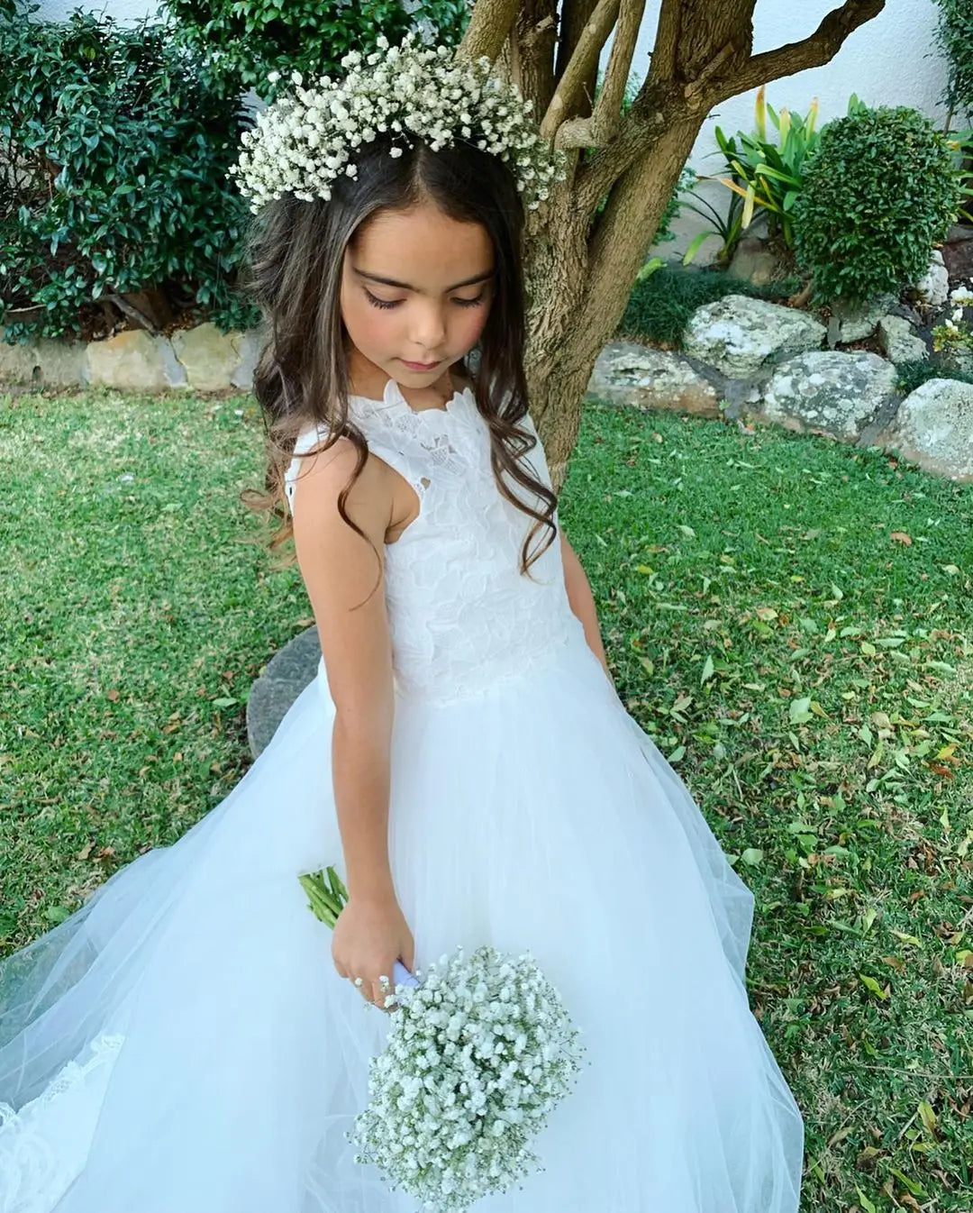Communion Girl Dress Lace Appqulies Bodice Floor-length Skirt Puffy Dress with Long Train Formal Party Toddler Clothe