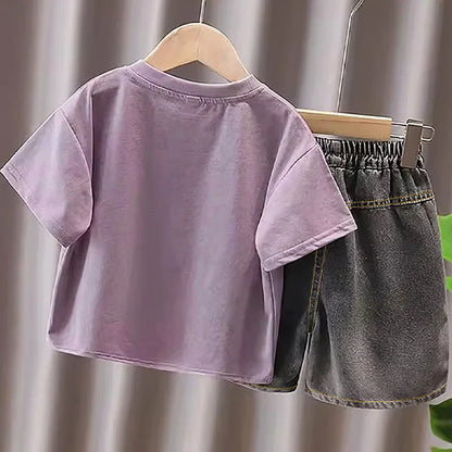 Kids 2-Piece Summer Casual Set - Short Sleeve T-Shirt with Pocket Print & Gray Denim Shorts for Boys Children's Fashion Outfit