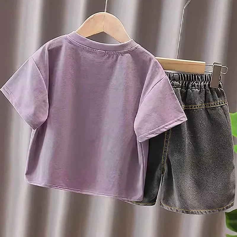 Boys Summer 2Pcs Outfit Casual Letter Print Short Sleeve T-shirt + Elastic Waist Denim Shorts Kids Streetwear Clothes Set 2-7Y