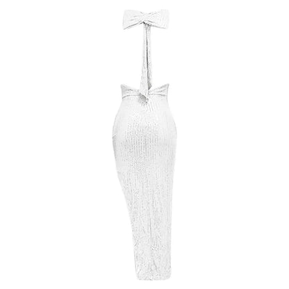 Women's Sequined Long Party Dresses Fashion Solid Color Hanging Neck Round Neck Bow Sleeveless Slit Long Dress Evening Dresses