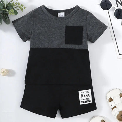 2PCS Summer Toddlers Boy Outfits Short Sleeve Pullover Color Block Top+Pants Fashion Casual Sports Set for Kids Boys 1-4 Years